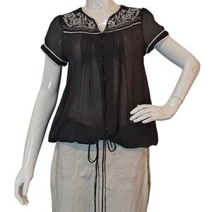 Cecico Collection Black Embroidered Pintuck Blouse Scallop Trim Drawstring Hem M